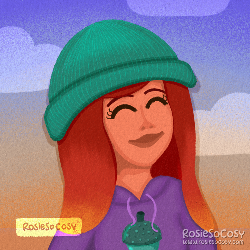 An illustration of mermaid Ariel from The Little Meemaid, wearing a teal coloured beanie, purple hoodie with teal acorn and red hair with an orange and yellow ombre effect on the ends.