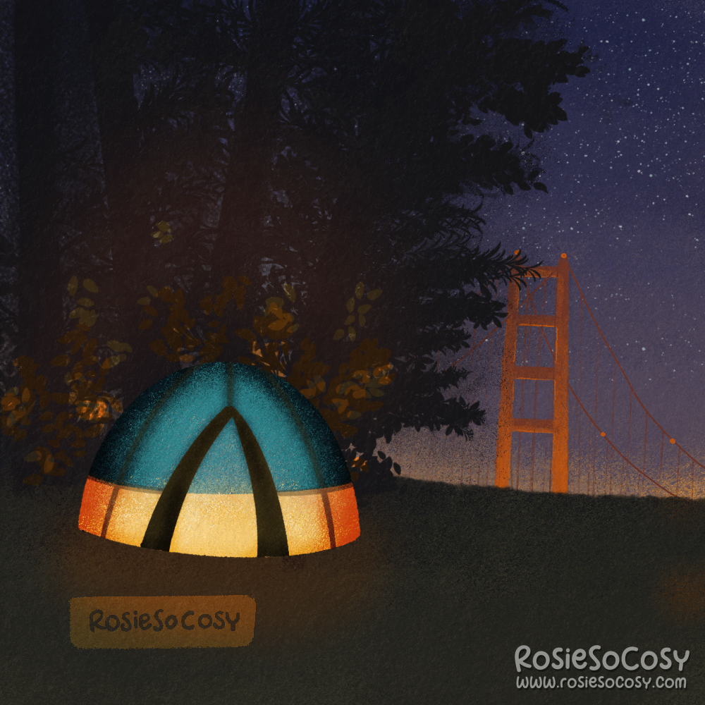 An illustration of a tent on the Kirby Cove Campground in San Francisco.
