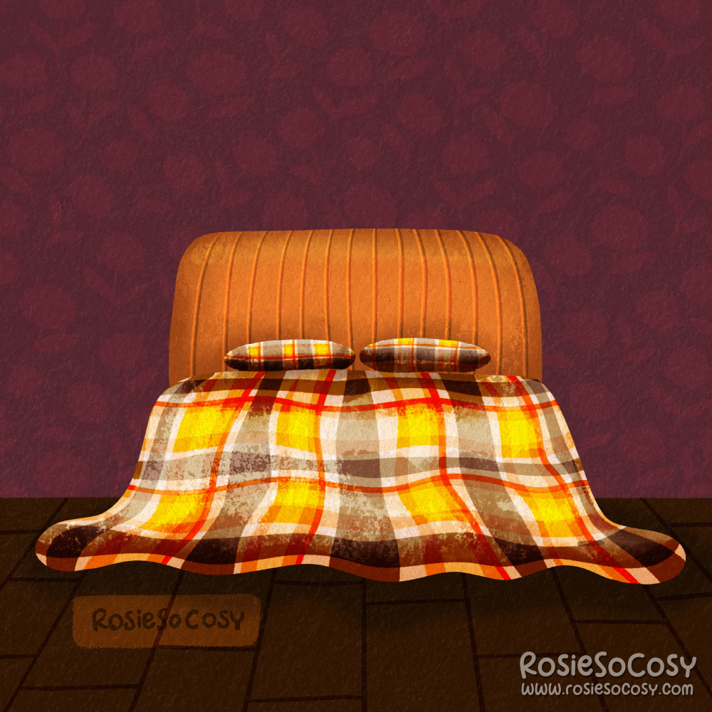 An illustration of a bed with an orange headboard, and a brown with red and yellow plaid duvet. The duvet is hanging off the bed, spread over the floor.