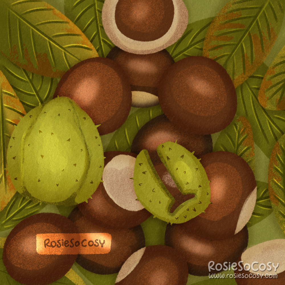 An illustration of a whole lot of conkers on a pile of leaves.