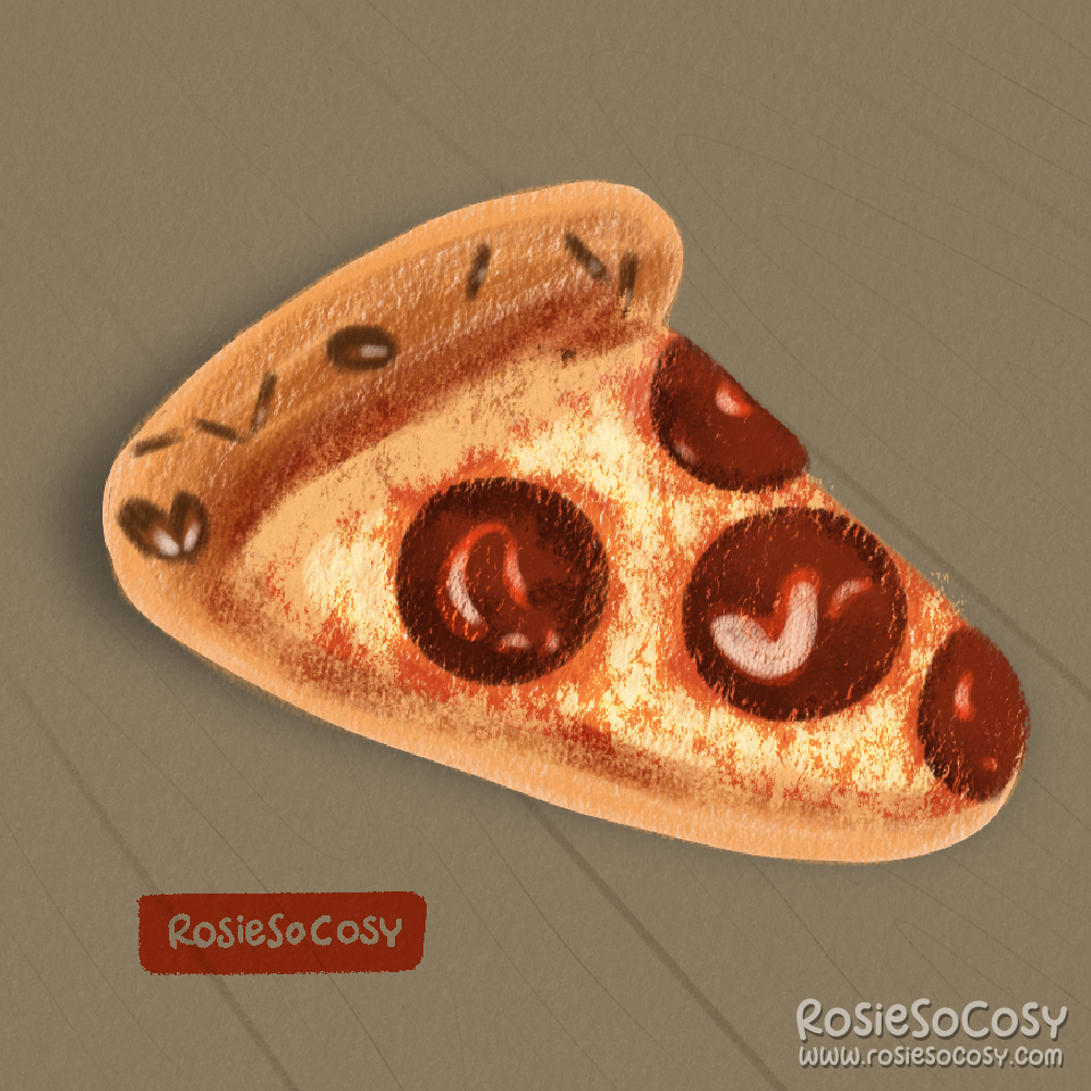 An illustration of a slice of pepperoni pizza.