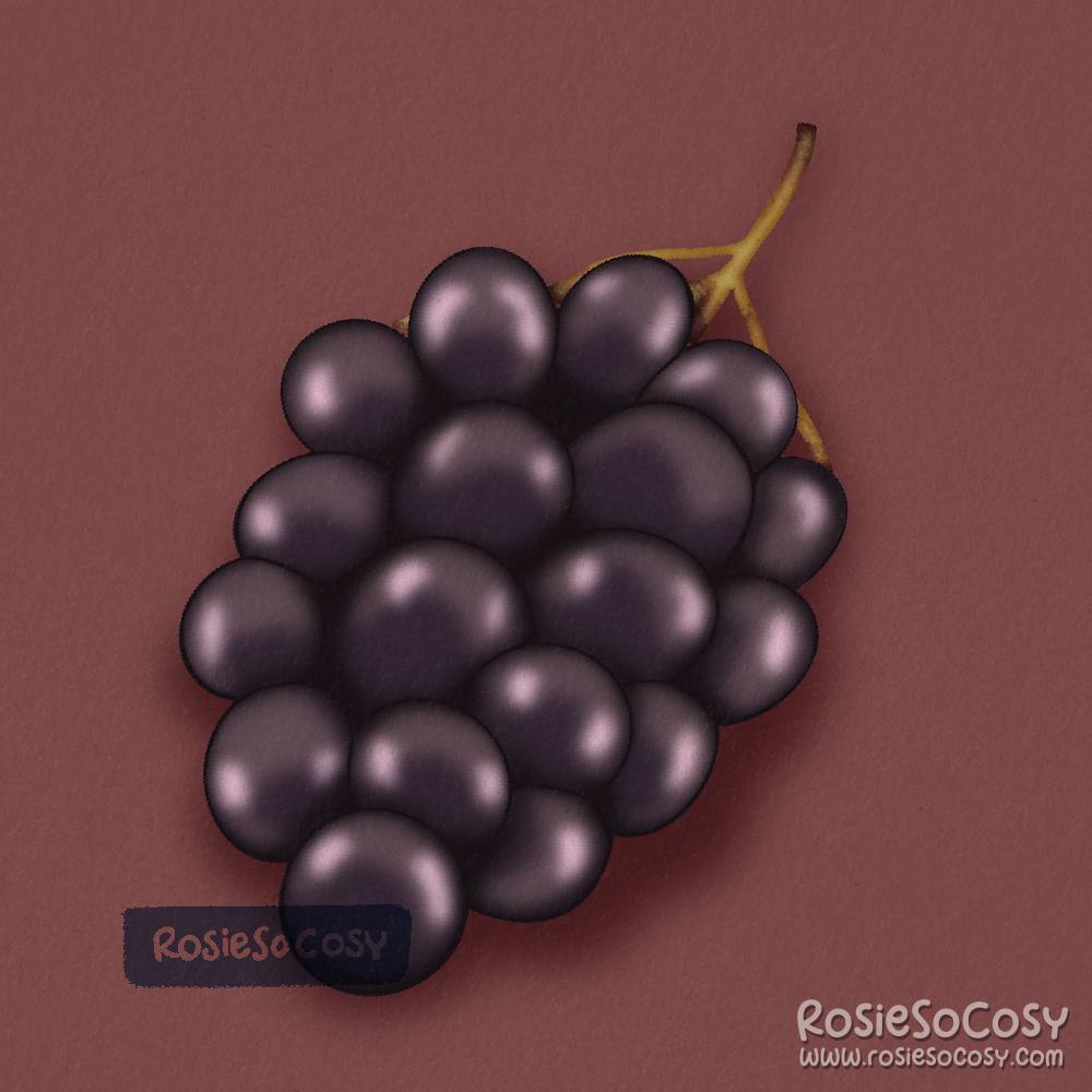 An illustration of a bunch of purple grapes 