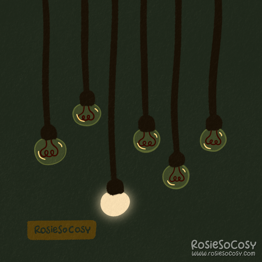 An illustration of six hanging lightbulbs, one of which is lit.