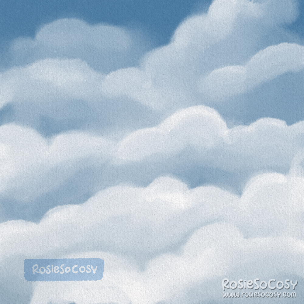 Illustration of white puffy clouds on a blue sky.
